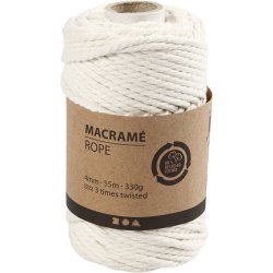 Makramégarn, L: 55 m, Dia. 4 mm, råvit